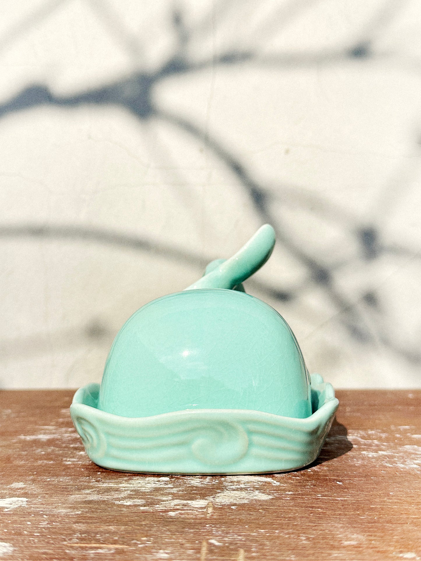Butter Dish by Creative Co-Op Mint Green Stoneware Whale, Shoreline Collection (USA, 2000s)