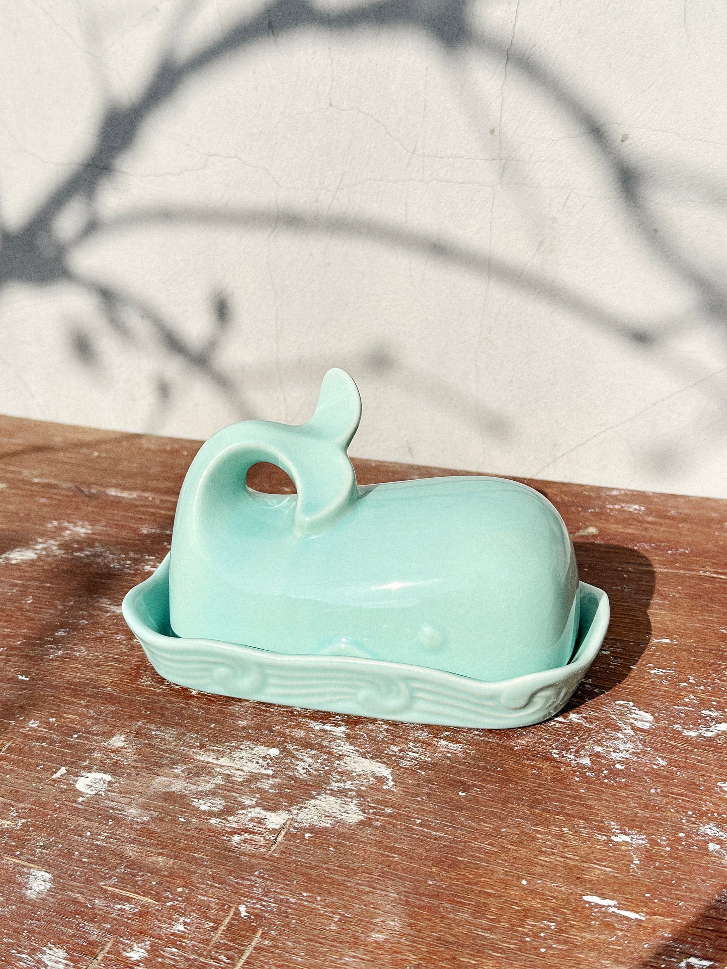 Butter Dish by Creative Co-Op Mint Green Stoneware Whale, Shoreline Collection (USA, 2000s)