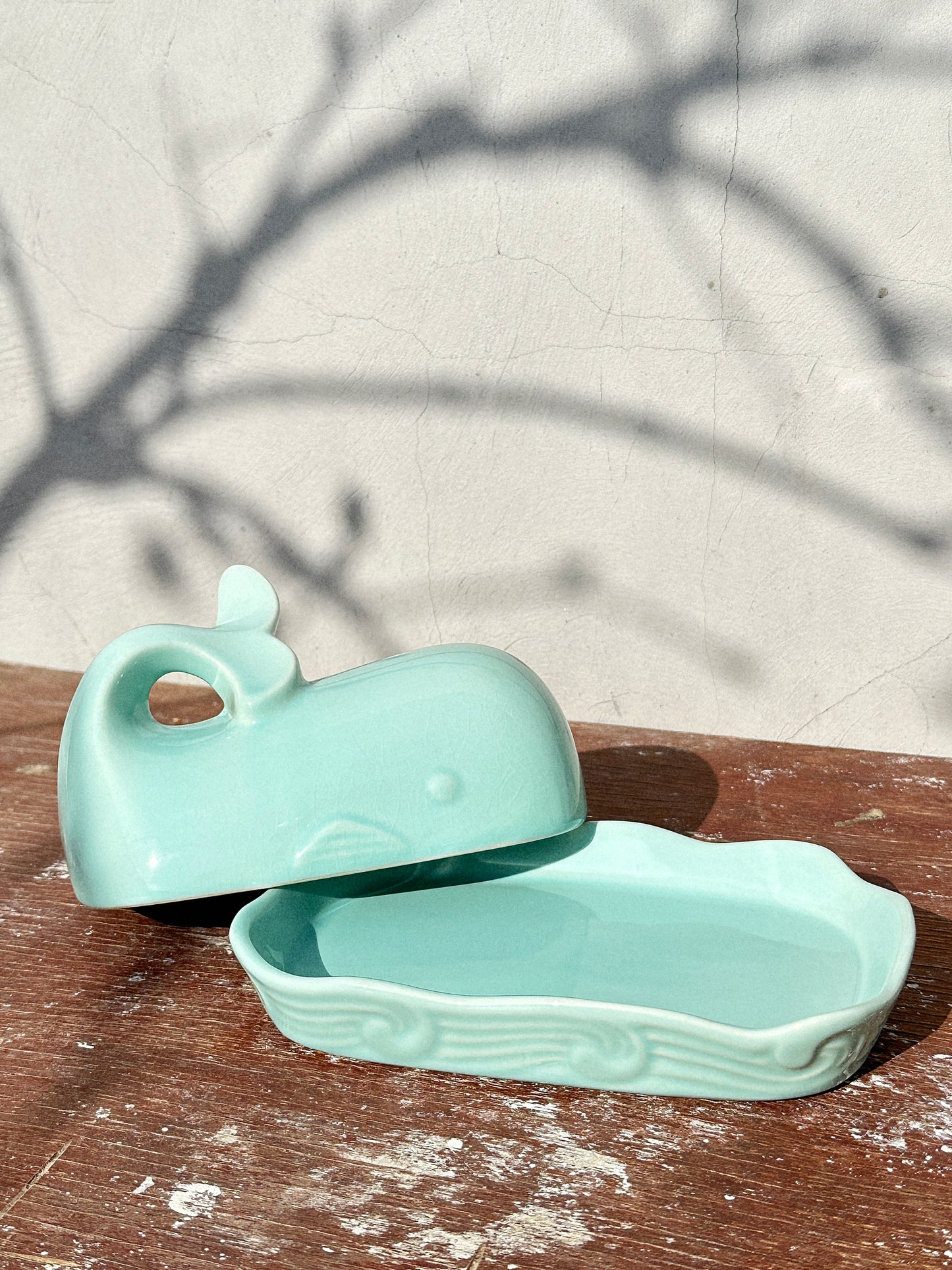Butter Dish by Creative Co-Op Mint Green Stoneware Whale, Shoreline Collection (USA, 2000s)