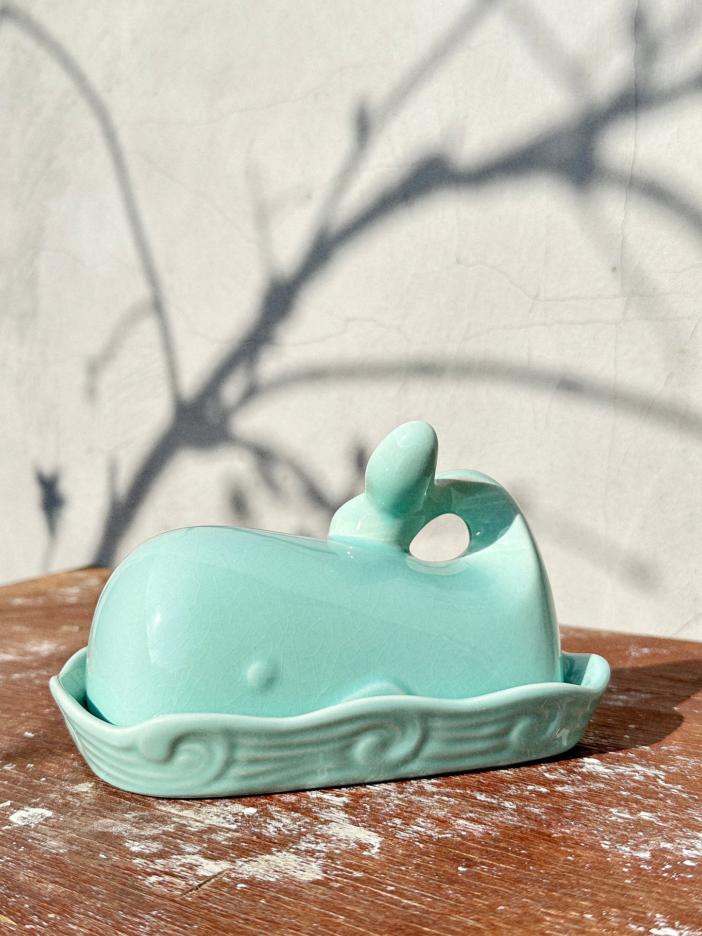Butter Dish by Creative Co-Op Mint Green Stoneware Whale, Shoreline Collection (USA, 2000s)