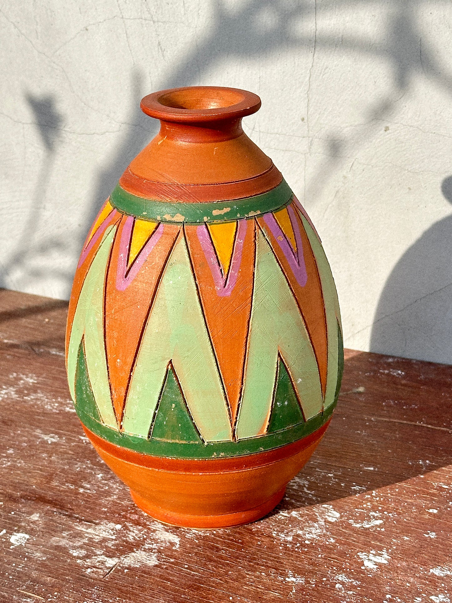 Rare Glazed Aztec Studio Pottery Etched Hand-painted Terracotta Vase (Mexico, 1980s)