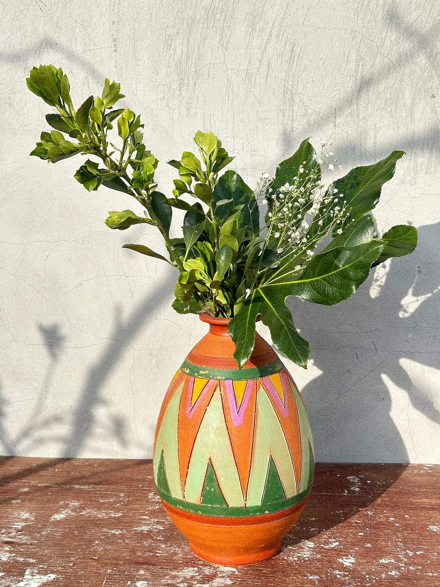 Rare Glazed Aztec Studio Pottery Etched Hand-painted Terracotta Vase (Mexico, 1980s)