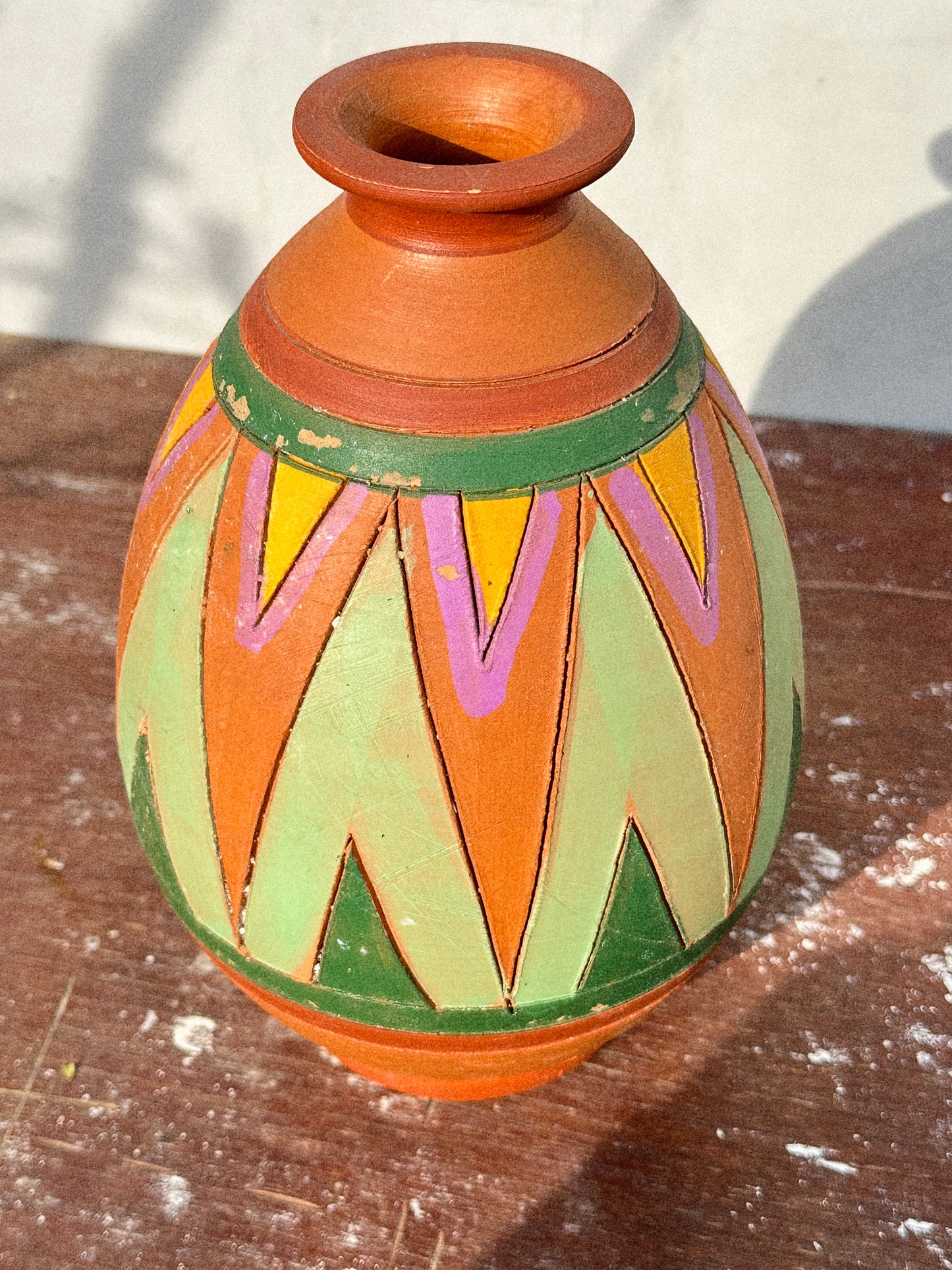 Rare Glazed Aztec Studio Pottery Etched Hand-painted Terracotta Vase (Mexico, 1980s)