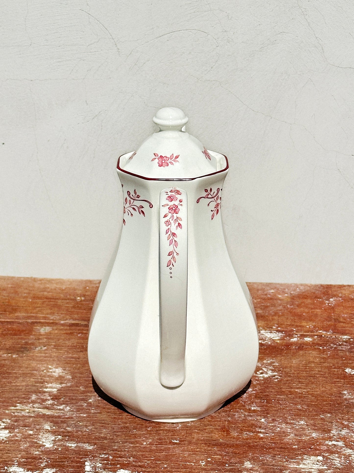 Ironstone Staffordshire Mid-Century Burgundy Pink Floral Teapot (England, 1960s)