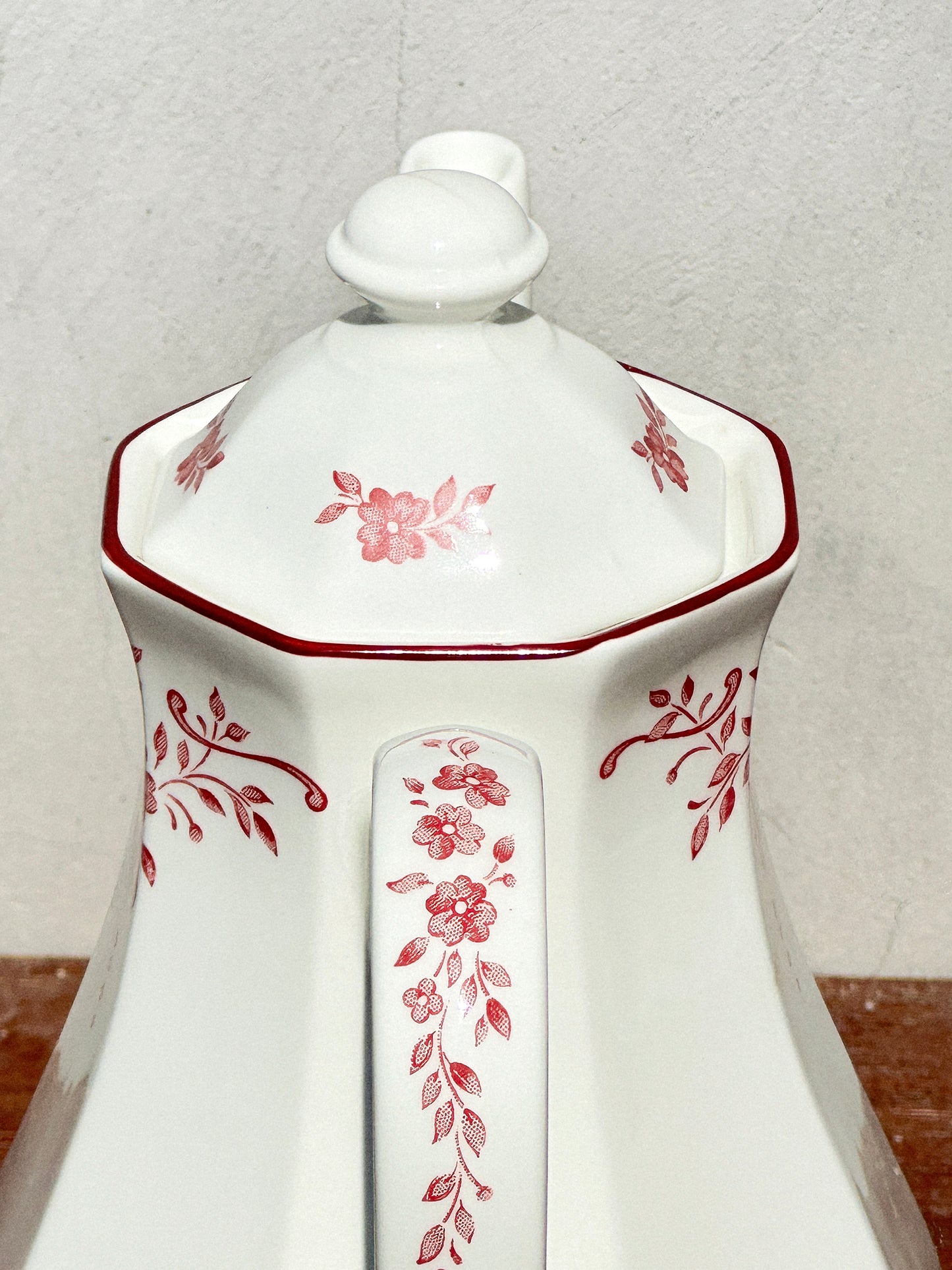 Ironstone Staffordshire Mid-Century Burgundy Pink Floral Teapot (England, 1960s)