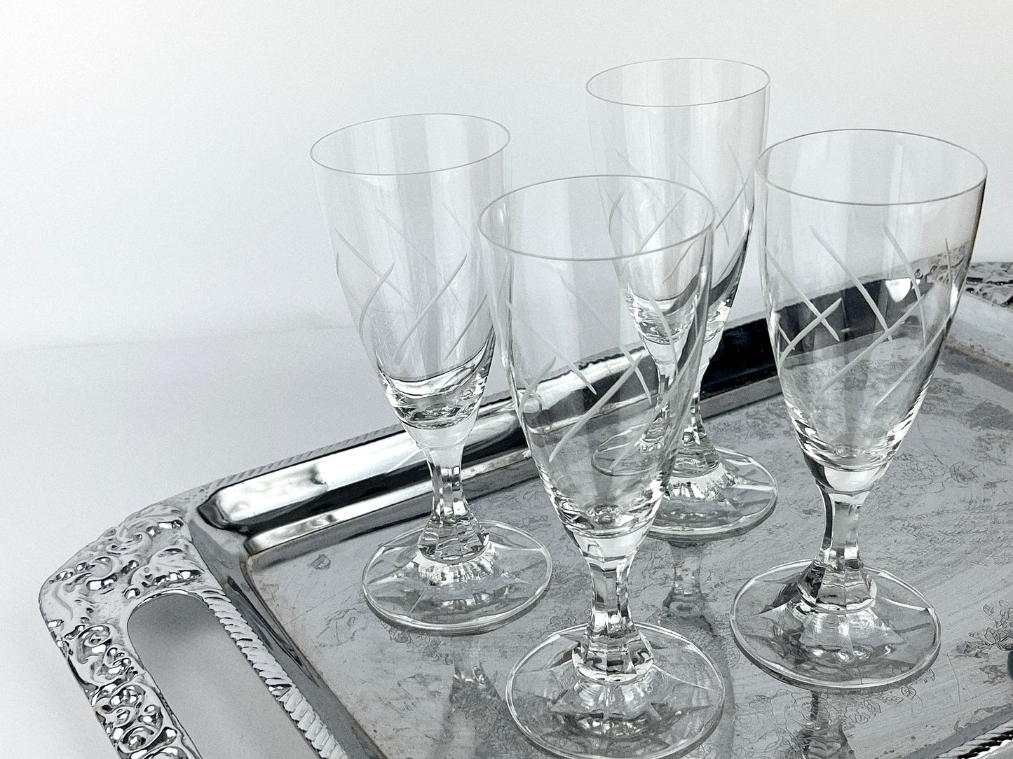French etched swirl pattern with octagonally cut stems (1970s)
