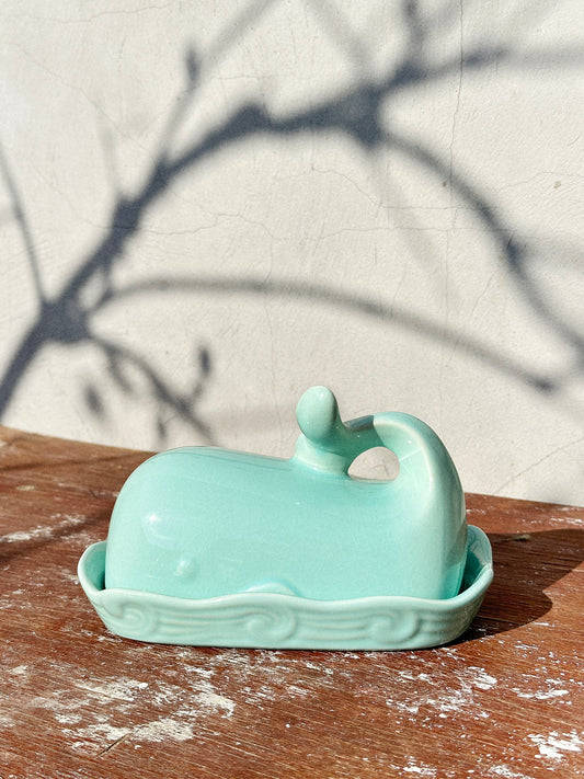 Butter Dish by Creative Co-Op Mint Green Stoneware Whale, Shoreline Collection (USA, 2000s)