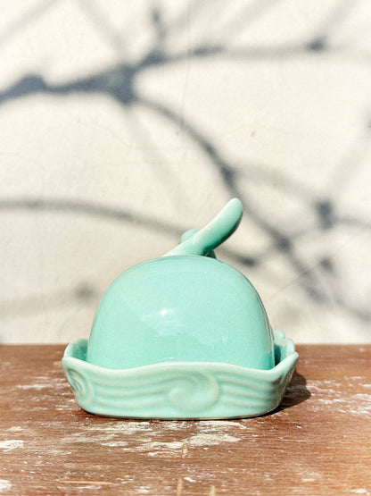 Butter Dish by Creative Co-Op Mint Green Stoneware Whale, Shoreline Collection (USA, 2000s)