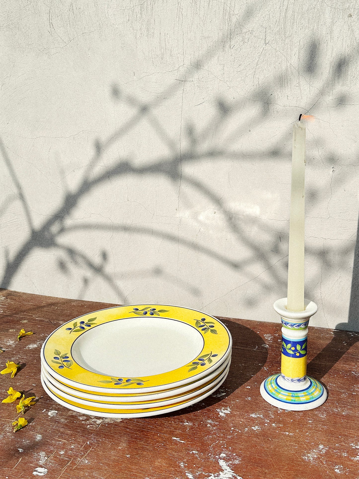 Ceraminter Italy Olive Plates & Vista Alegre Portugal Candlestick Holder  (Italy & Portugal, 1980s)