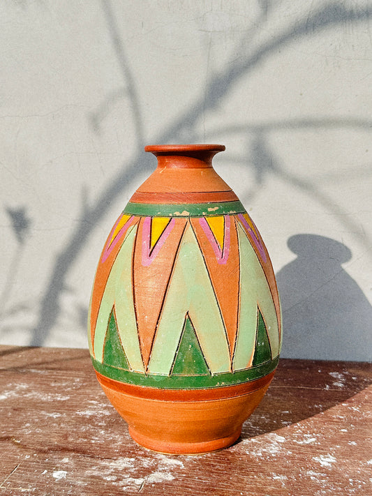 Rare Glazed Aztec Studio Pottery Etched Hand-painted Terracotta Vase (Mexico, 1980s)