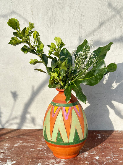 Rare Glazed Aztec Studio Pottery Etched Hand-painted Terracotta Vase (Mexico, 1980s)