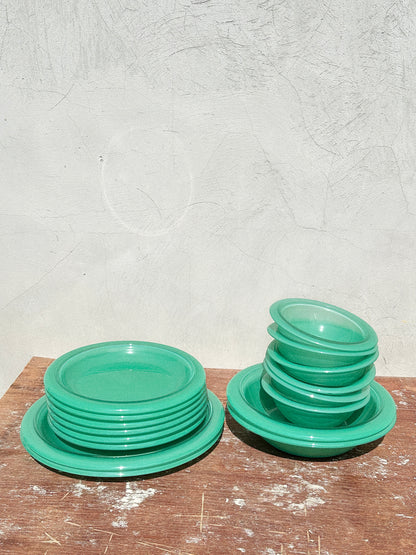 Vintage Mint Green Bormioli Rocco Italy Vetrorama Tempered Glass Plates & Bowls Set (Italy, 1960s)
