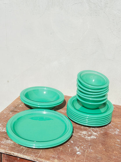 Vintage Mint Green Bormioli Rocco Italy Vetrorama Tempered Glass Plates & Bowls Set (Italy, 1960s)