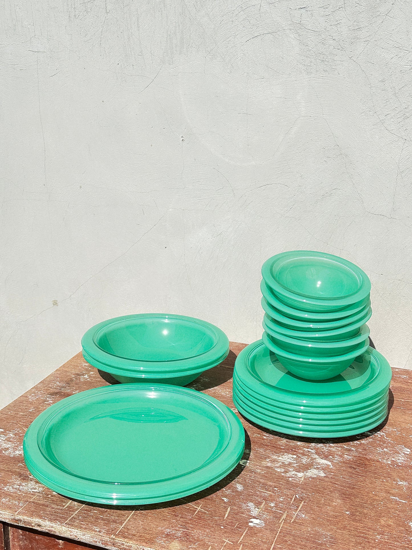 Vintage Mint Green Bormioli Rocco Italy Vetrorama Tempered Glass Plates & Bowls Set (Italy, 1960s)