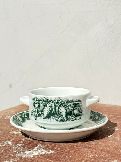 Rare Schönwald Porcelain Bowls with Handles & Saucers Quail Game Collection (Germany, 1970s)