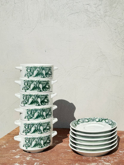 Rare Schönwald Porcelain Bowls with Handles & Saucers Quail Game Collection (Germany, 1970s)