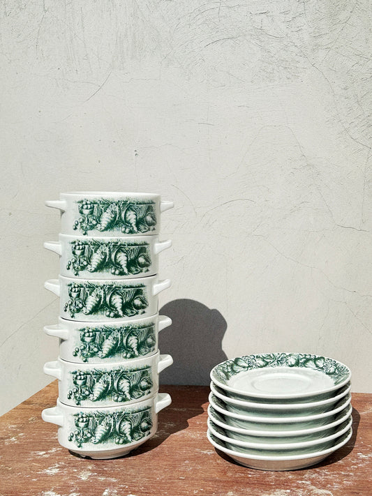 Rare Schönwald Porcelain Bowls with Handles & Saucers Quail Game Collection (Germany, 1970s)