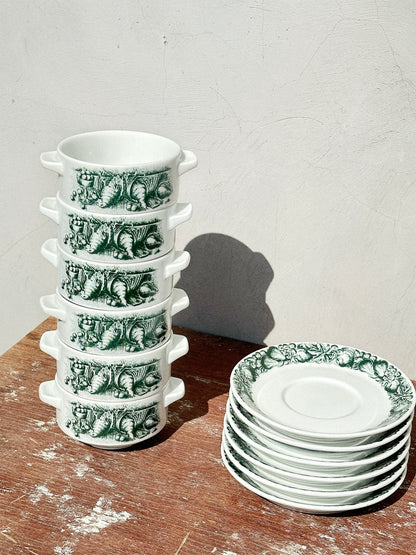 Rare Schönwald Porcelain Bowls with Handles & Saucers Quail Game Collection (Germany, 1970s)